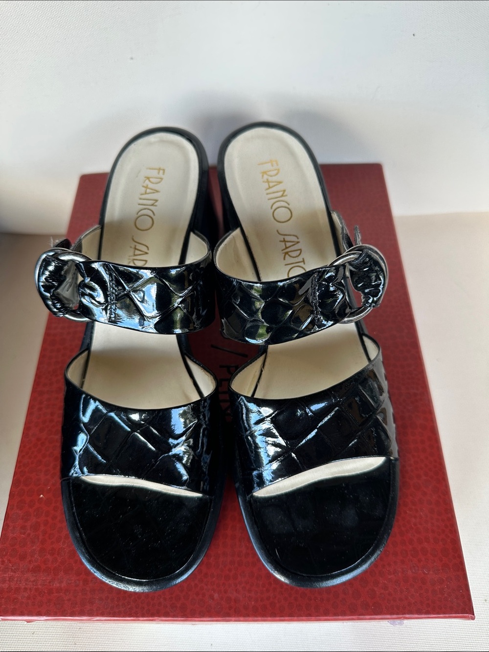 Franco Sarto Black Quilted Patent Mule Sandals with Buckle